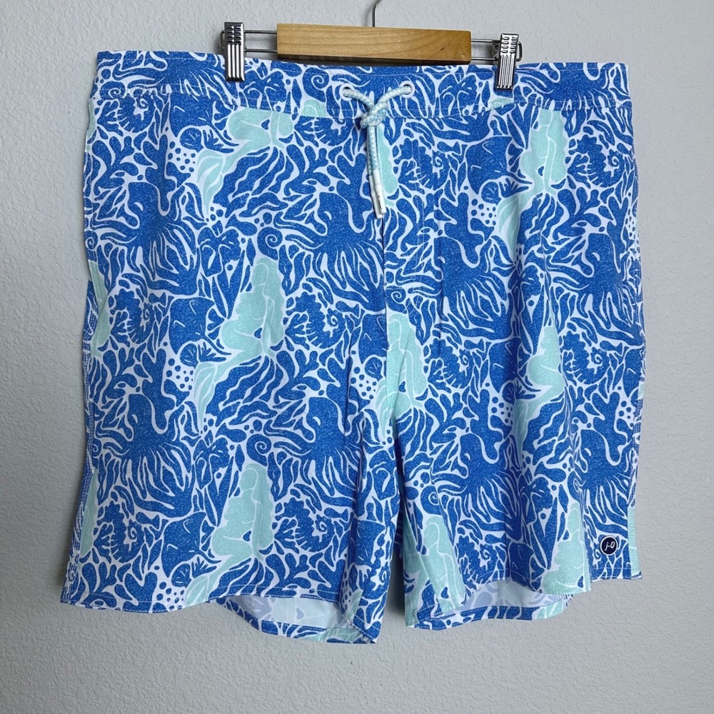 Johnnie-O Men Topia Swim Trunks Olympic Blue Mermaid Octopus Beach Vacay XXL NEW